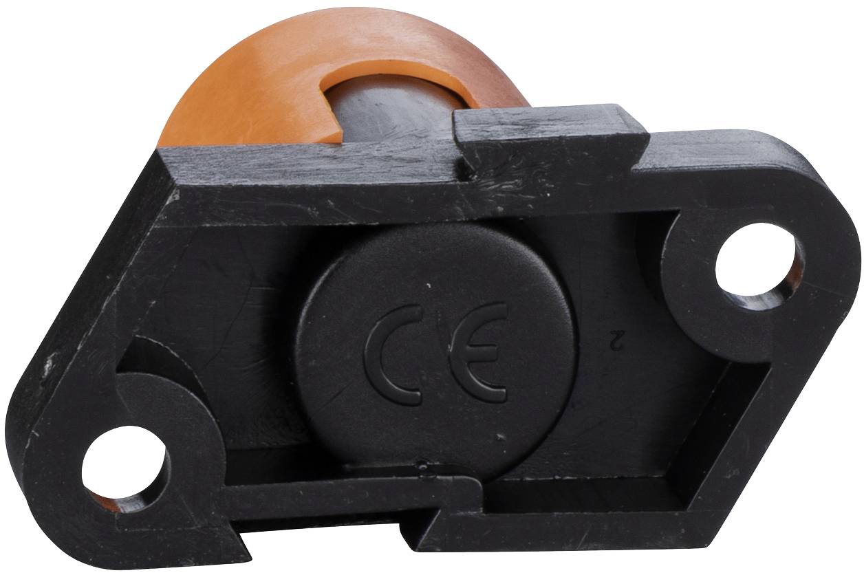 Black plastic mounting bracket with two screw holes and a central CE-marked circular insert, partly backed by an orange curved component.