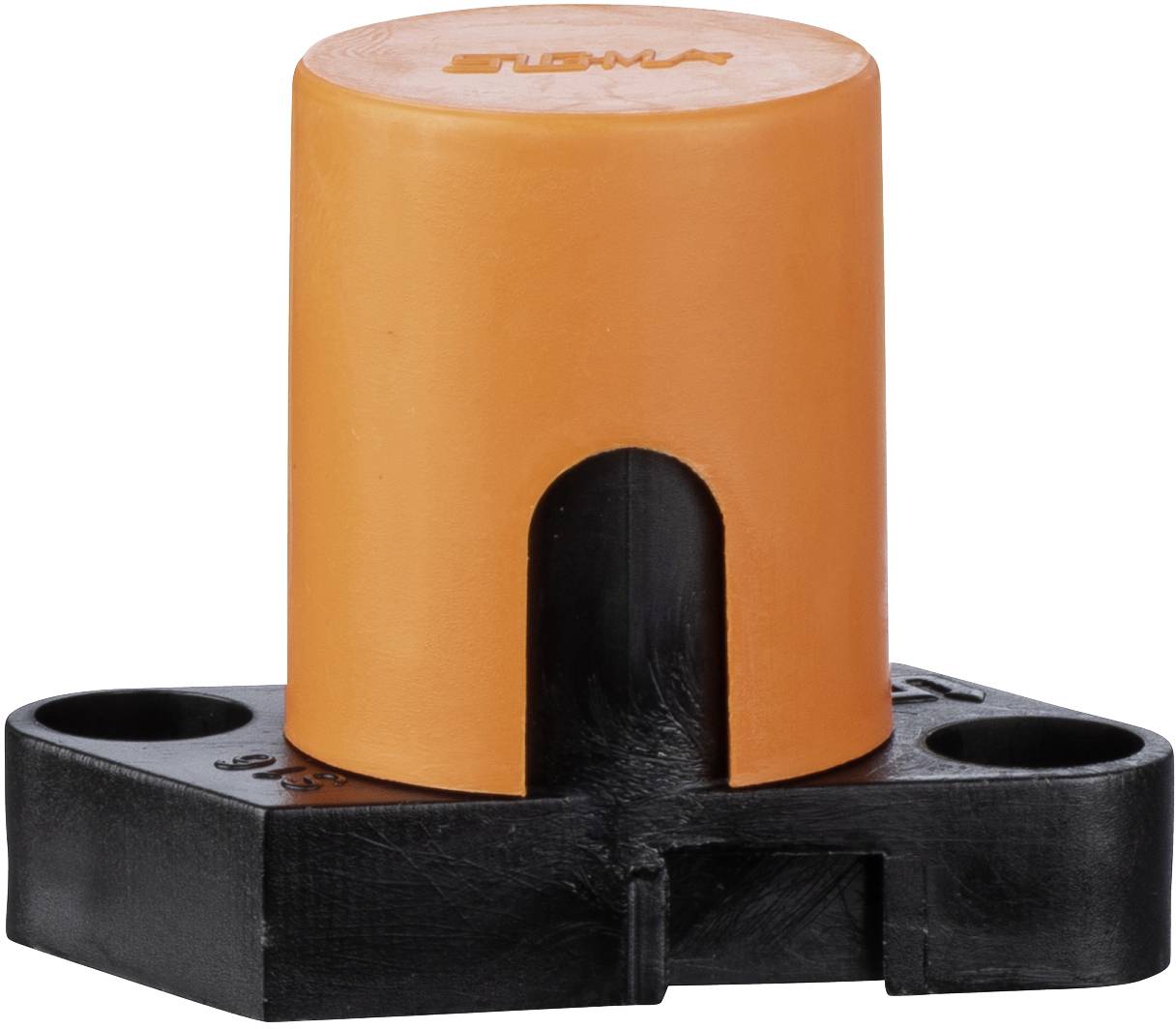 Orange cylindrical plastic component mounted on a black base with two screw holes, shown on a white background.