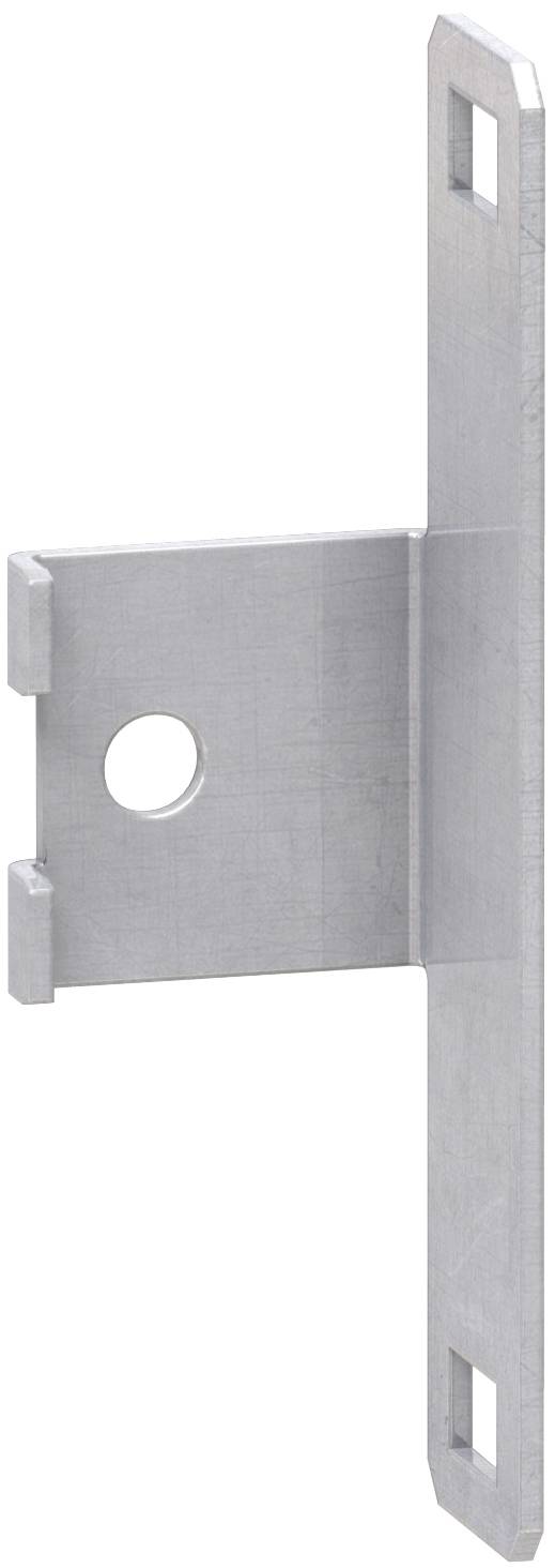 Metal mounting bracket with a vertical slotted plate and horizontal arm, featuring a round hole and two tabs for securing hardware.