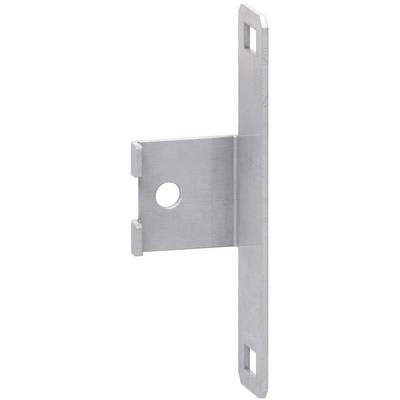 Metal mounting bracket with a vertical slotted plate and horizontal arm, featuring a round hole and two tabs for securing hardware.