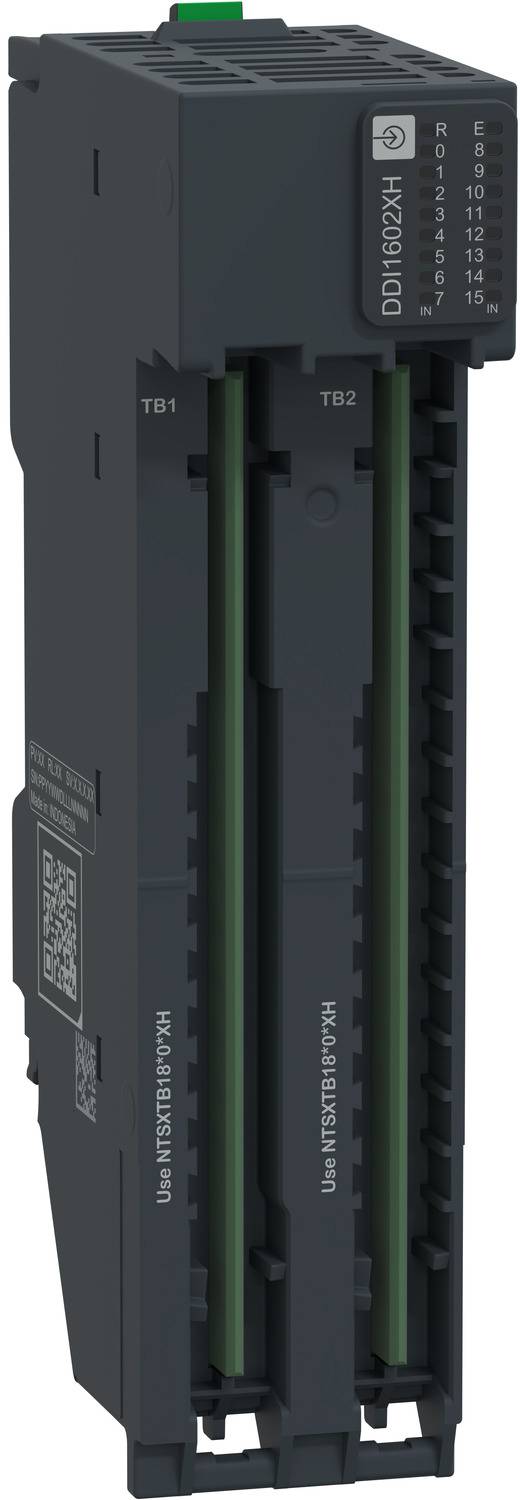 A black industrial electronic module with two green terminal slots and a front label showing status markings and model text.
