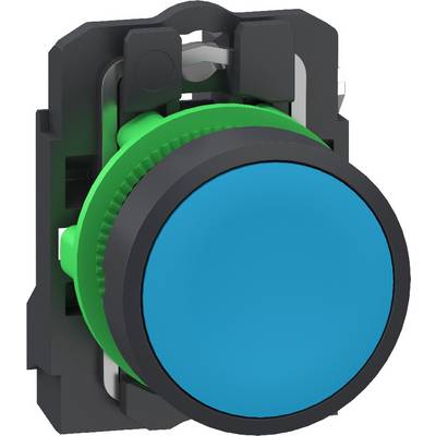 Close-up of a green and black industrial push button with a blue circular face, mounted in a rectangular housing.<br>