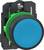 Close-up of a green and black industrial push button with a blue circular face, mounted in a rectangular housing.<br>
