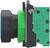 Side view of an industrial push button switch assembly with a green actuator and black housing.