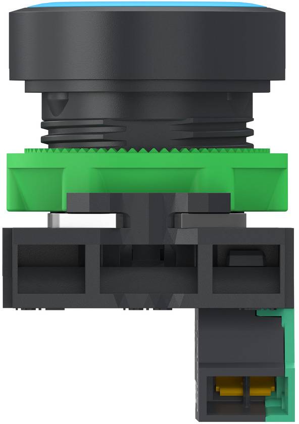 Close-up of a black and green industrial push-button switch with an attached electrical connector.