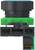 Close-up of a black and green industrial push-button switch with an attached electrical connector.
