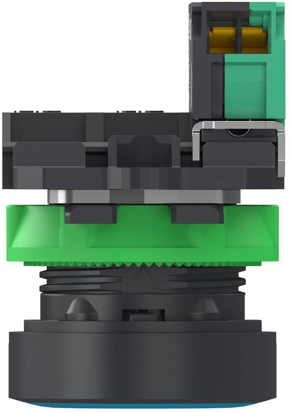 Close-up of a black and green electrical push button switch, shown in side view on a white background.
