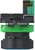 Close-up of a black and green electrical push button switch, shown in side view on a white background.