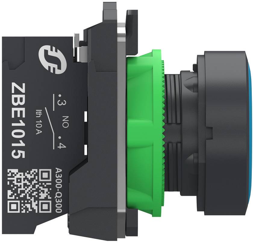 Close-up of a black push button switch labeled 'ZBE1015' with green actuator and contact markings.