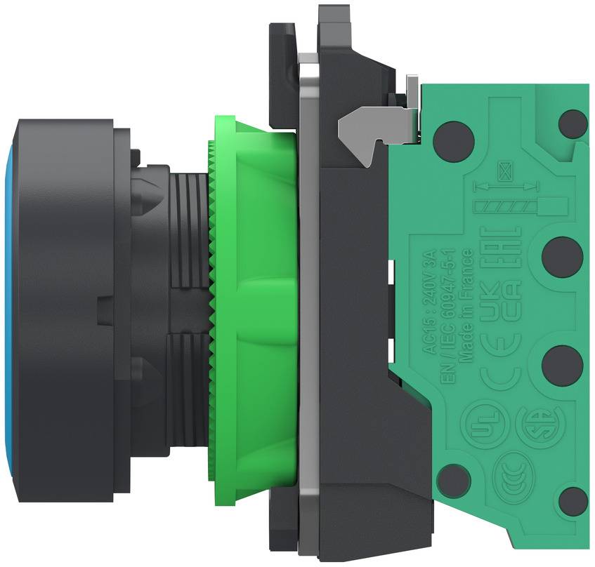 Side-view of a green and black industrial push button switch assembly with mounting hardware and electrical contact block.