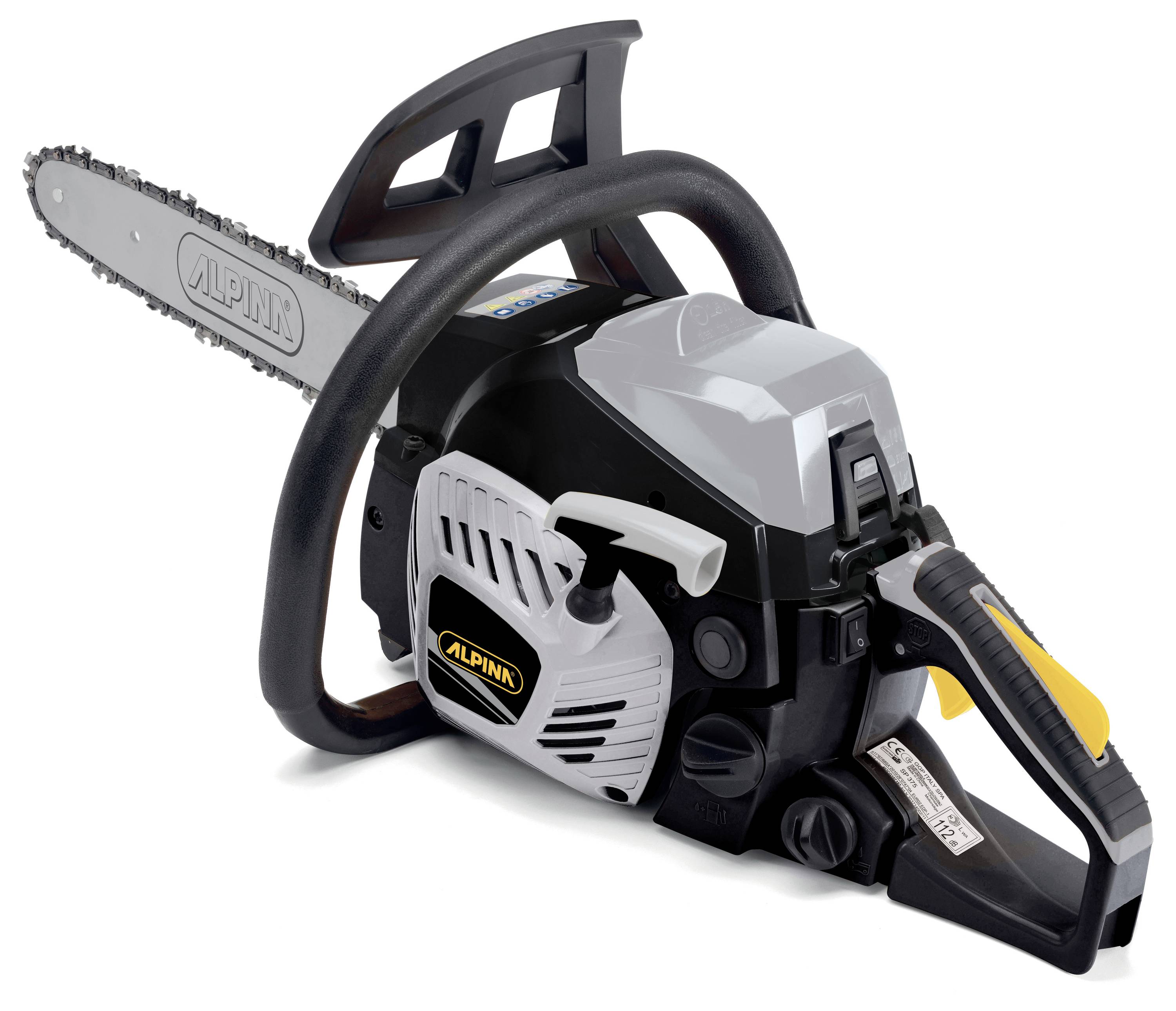 Gas-powered chainsaw with black and gray housing, long cutting bar, and front handle on a white background.