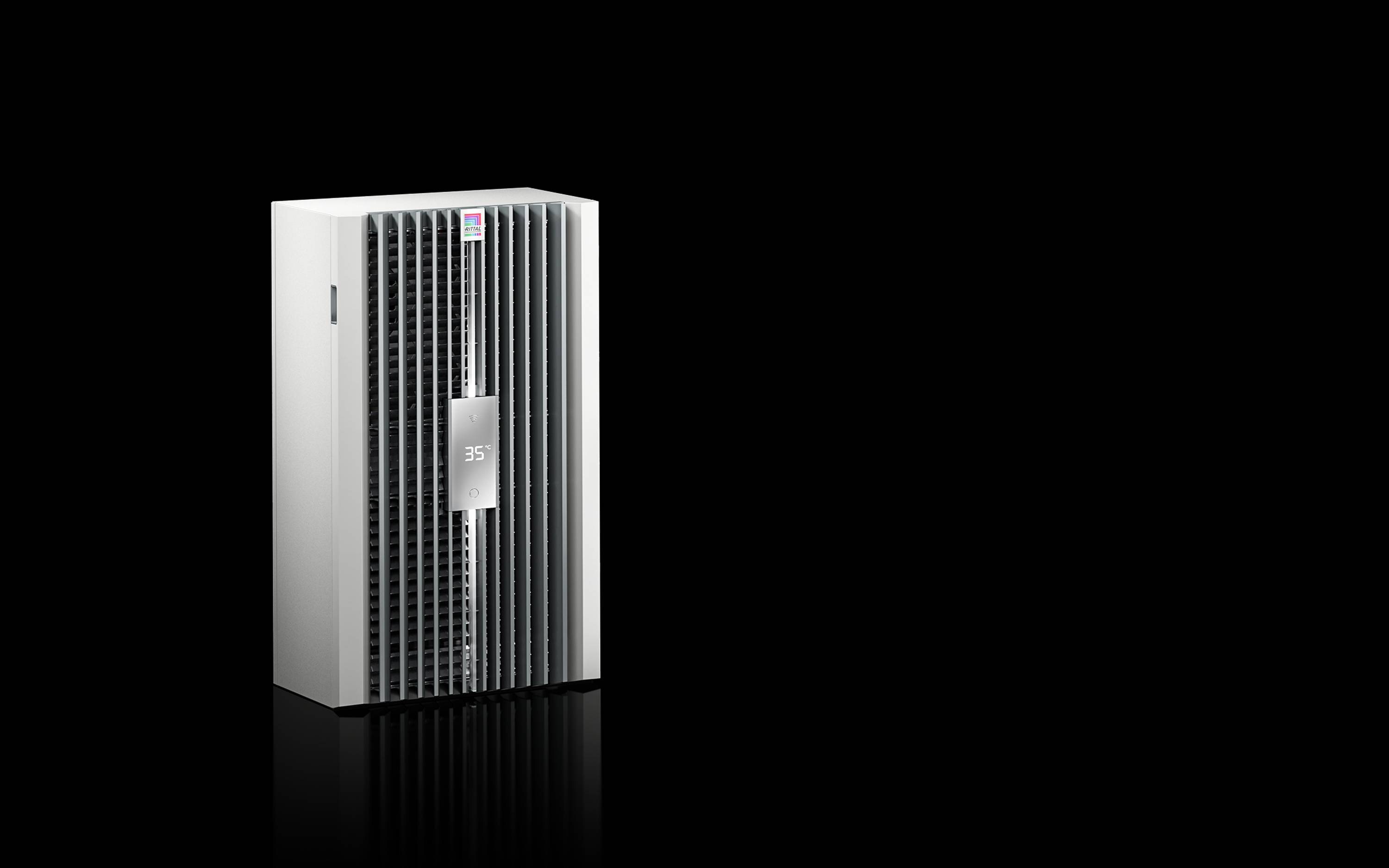 White floor-standing air purifier with front grille and small display, shown against a black background with a reflection below.