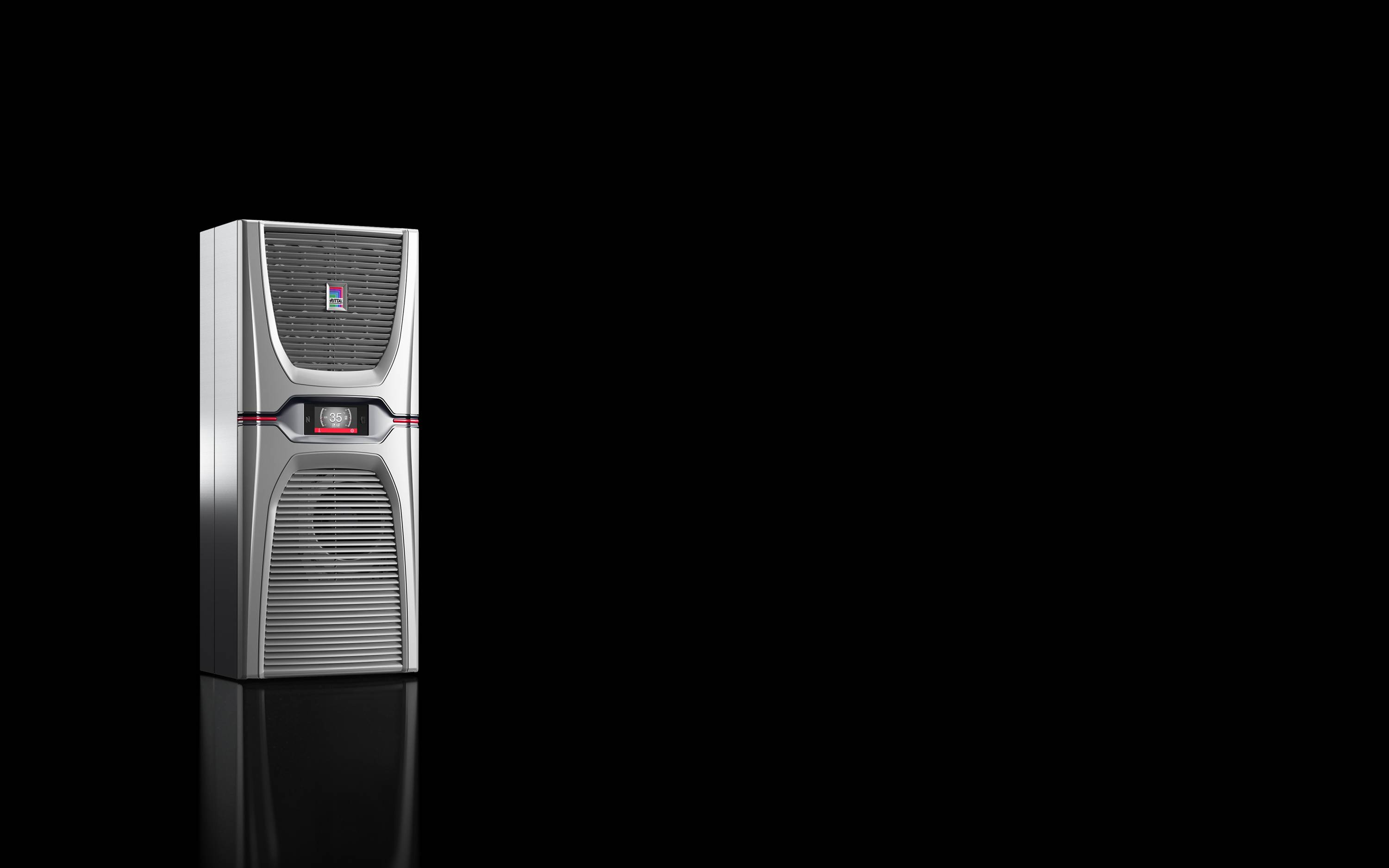 Silver server tower or computer cabinet standing on a black background, shown in three-quarter view.