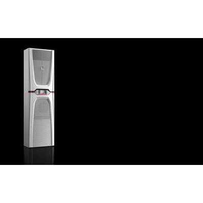 A tall silver air conditioner or air purifier with front vents and a small control panel, shown against a black background.<br>