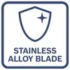 Icon of a shield with a sparkle above the text 'STAINLESS ALLOY BLADE', indicating a stainless alloy blade feature or label.