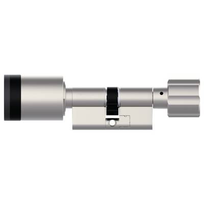 Metallic cylindrical lock or connector assembly with a large left housing, central body, and knurled right end cap on a white background.