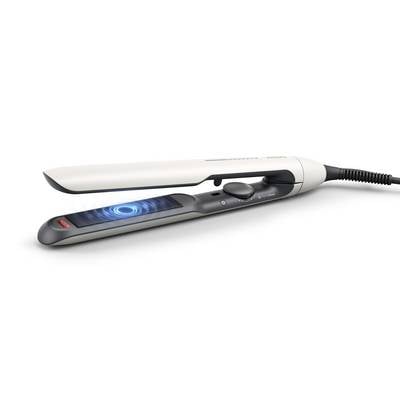 White electric hair straightener with a blue glowing heated plate, shown partially open on a white background