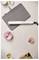 White hair straightener resting on a gray heat-resistant mat on a light wood surface, with perfume bottles and a small pink flower nearby.