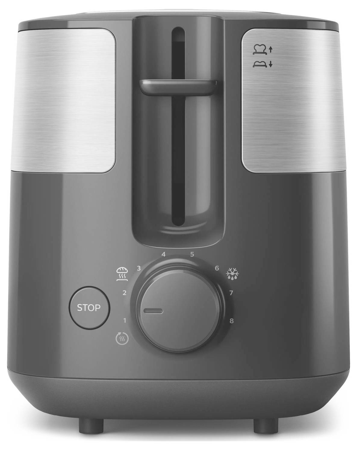 Front view of a two-slot toaster with a central lever, STOP button, and browning control dial labeled 1–8.