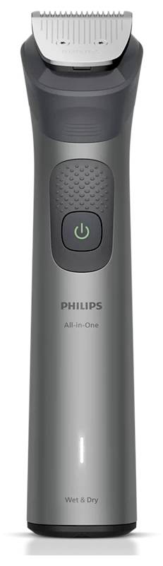 Philips All-in-One Wet & Dry electric trimmer with adjustable comb attachment and power button.