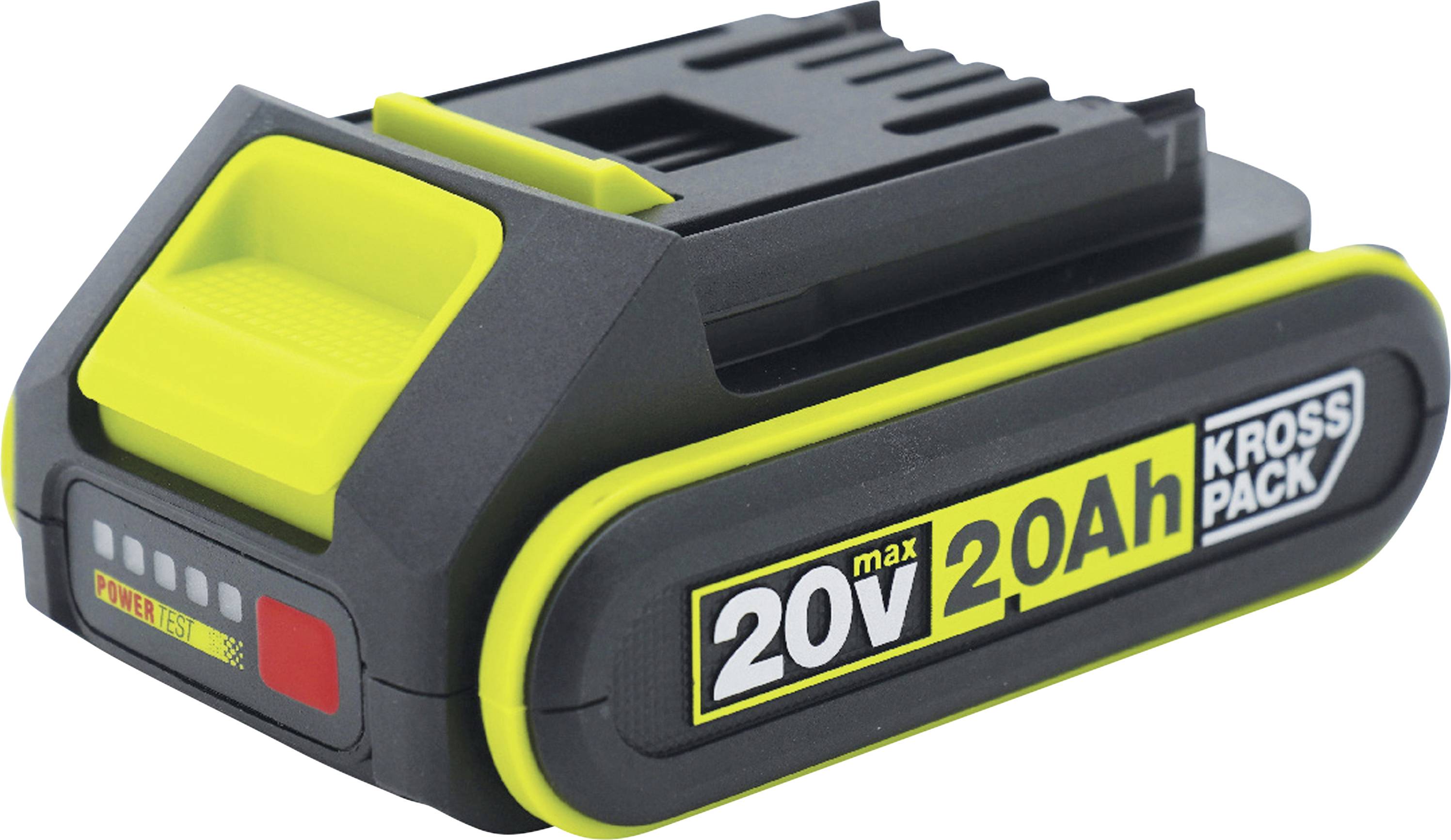 A black and yellow 20V 2.0Ah Kross Pack power tool battery pack with charge indicator and release latch.