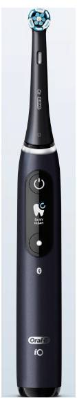 Black Oral-B electric toothbrush shown upright on a light background, with a round blue brush head and power button on the handle.