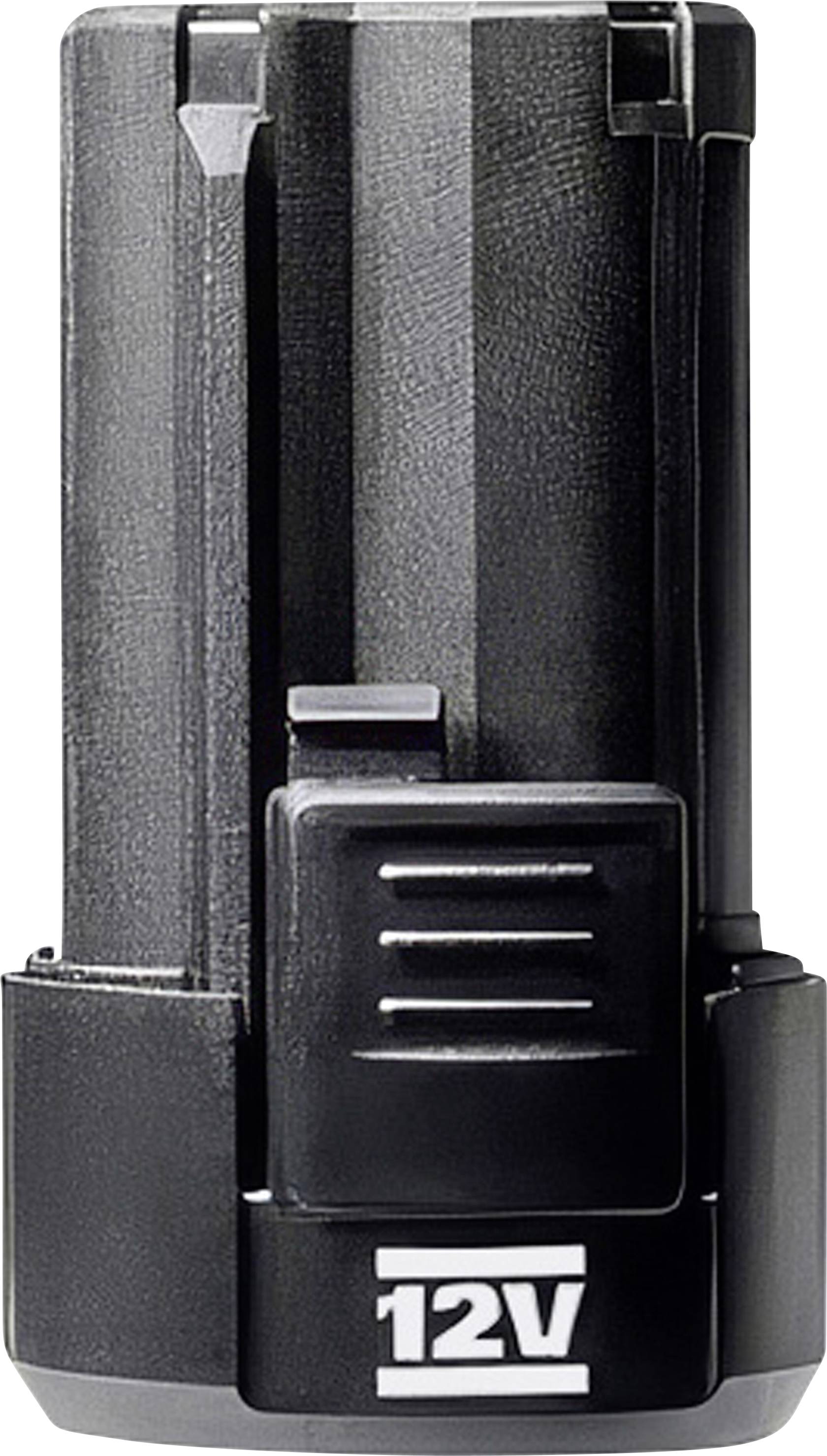 Black 12V battery pack or power tool battery cartridge, front view with '12V' label visible.