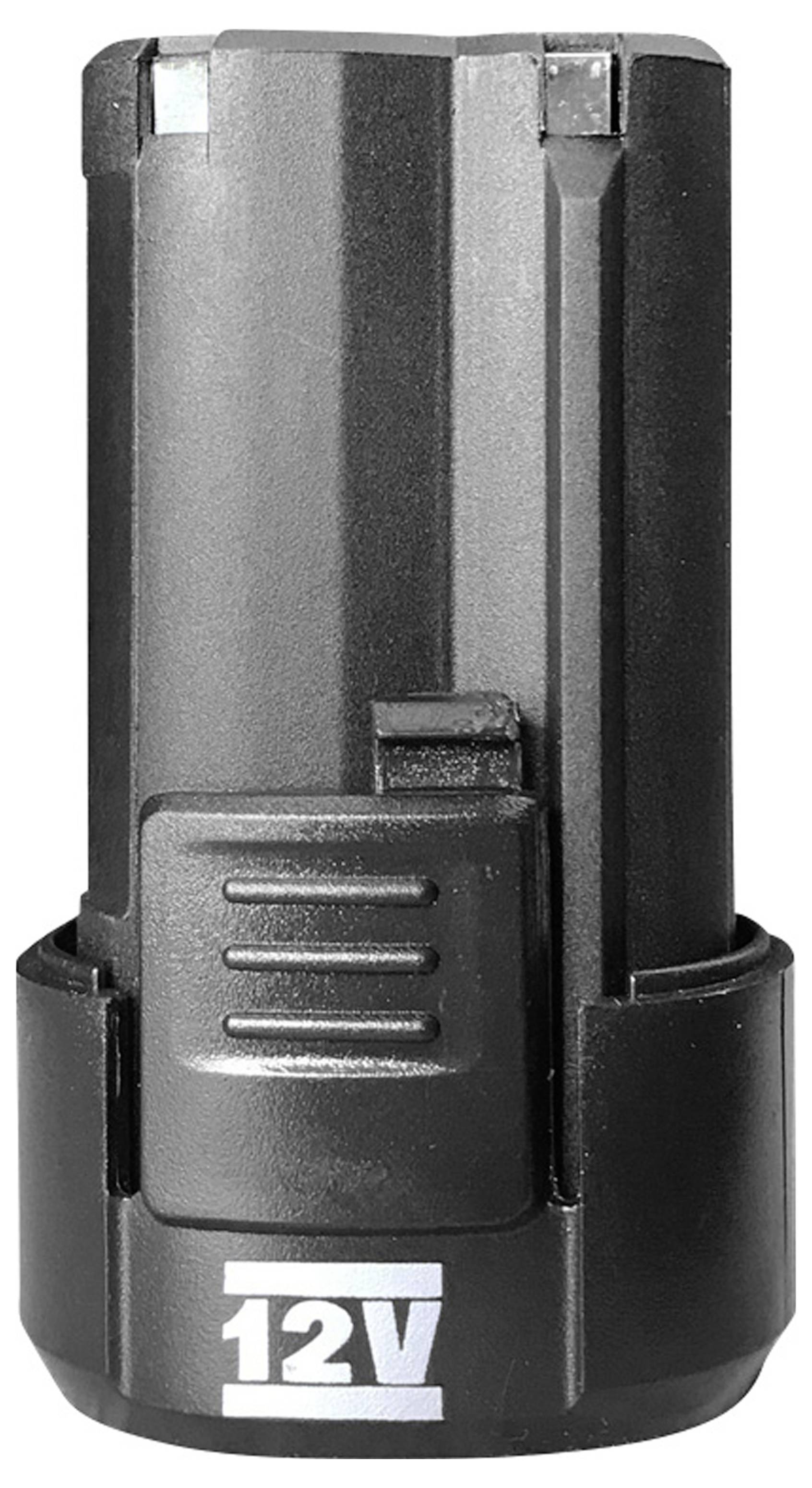 Black 12V rechargeable battery pack with a front latch and white '12V' label on the bottom.