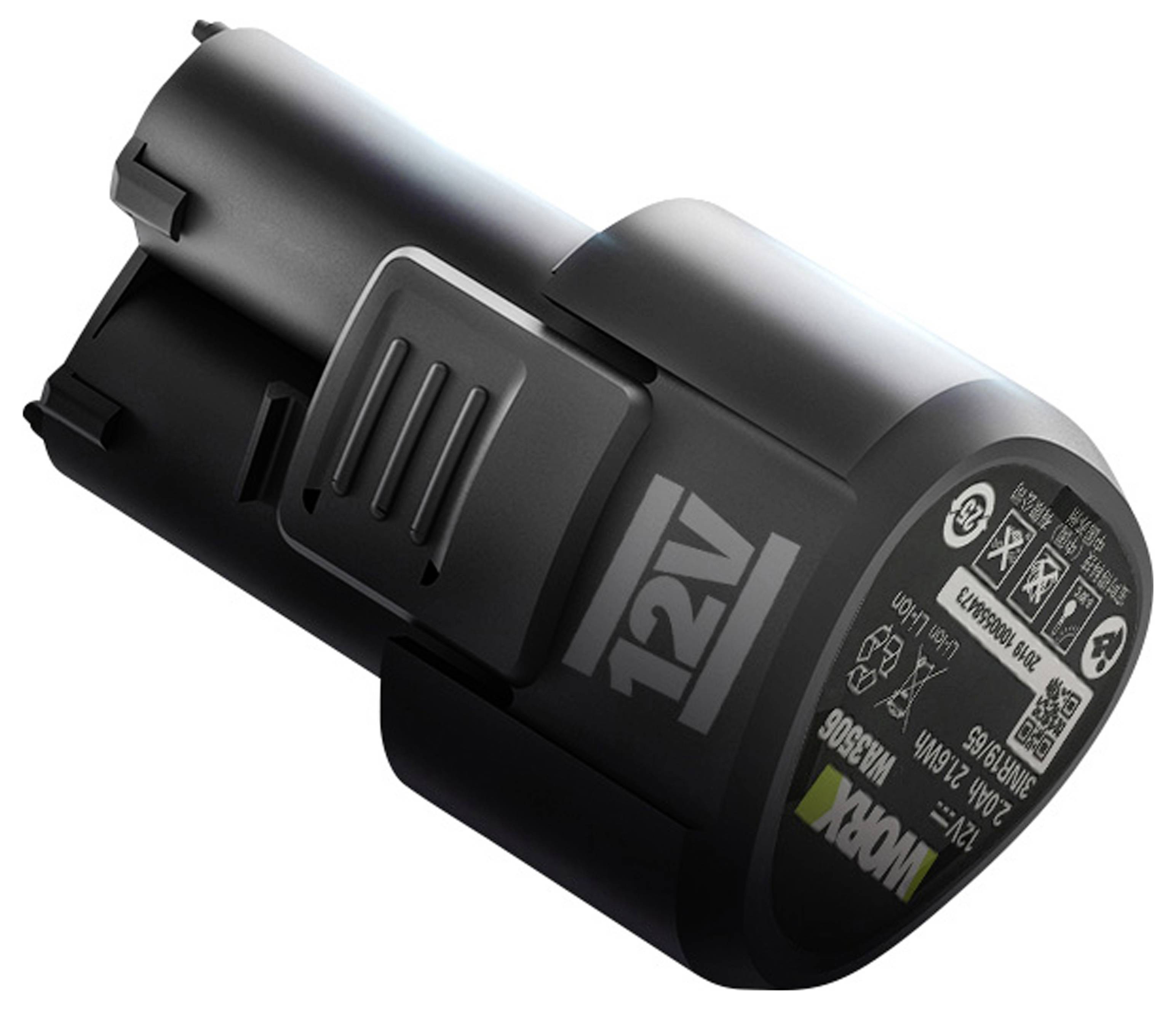 Black 12V Worx rechargeable power tool battery pack shown at an angle with label and contacts visible