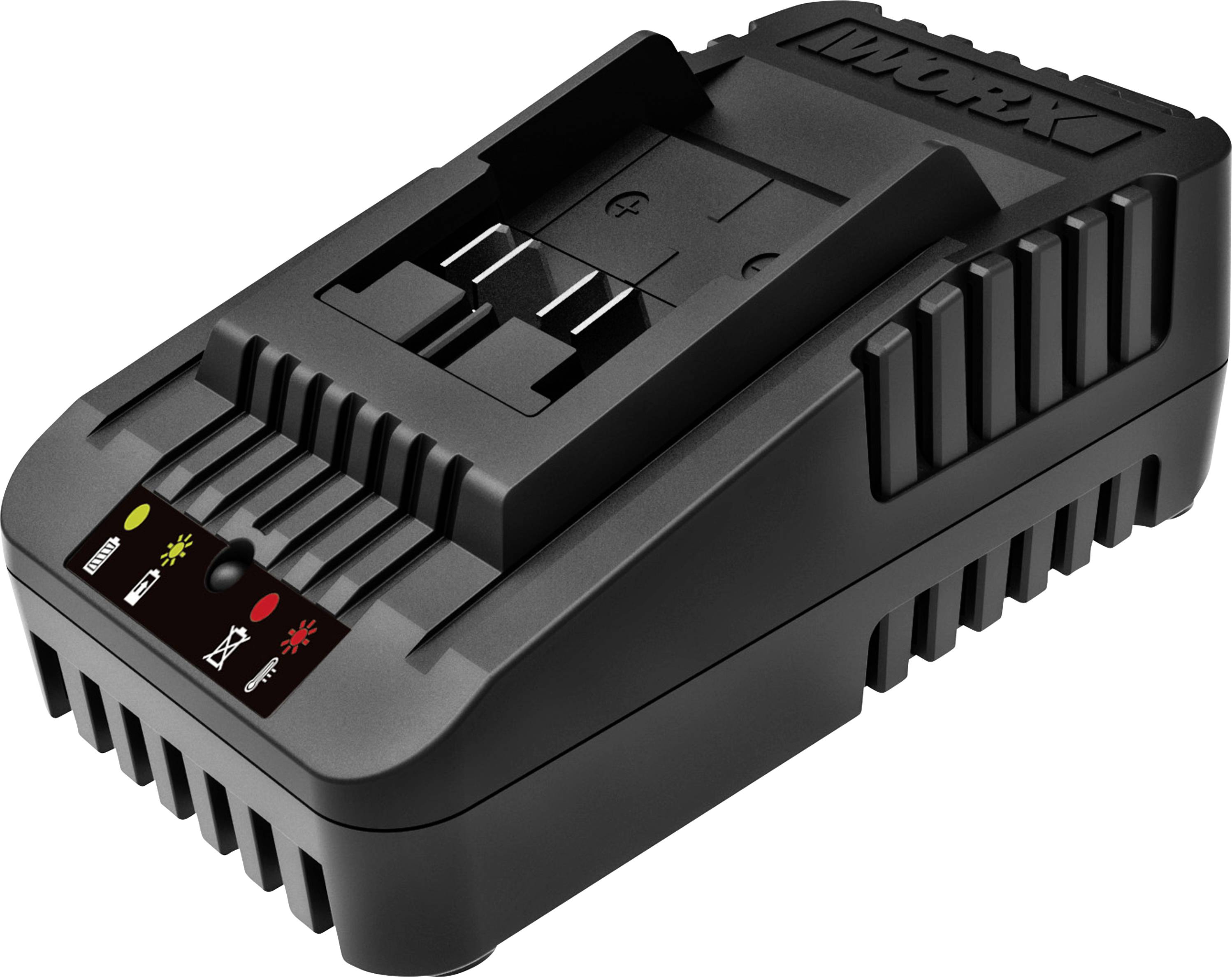 Black battery charger dock with indicator lights and slot for one battery pack, shown in angled product view on a white background.