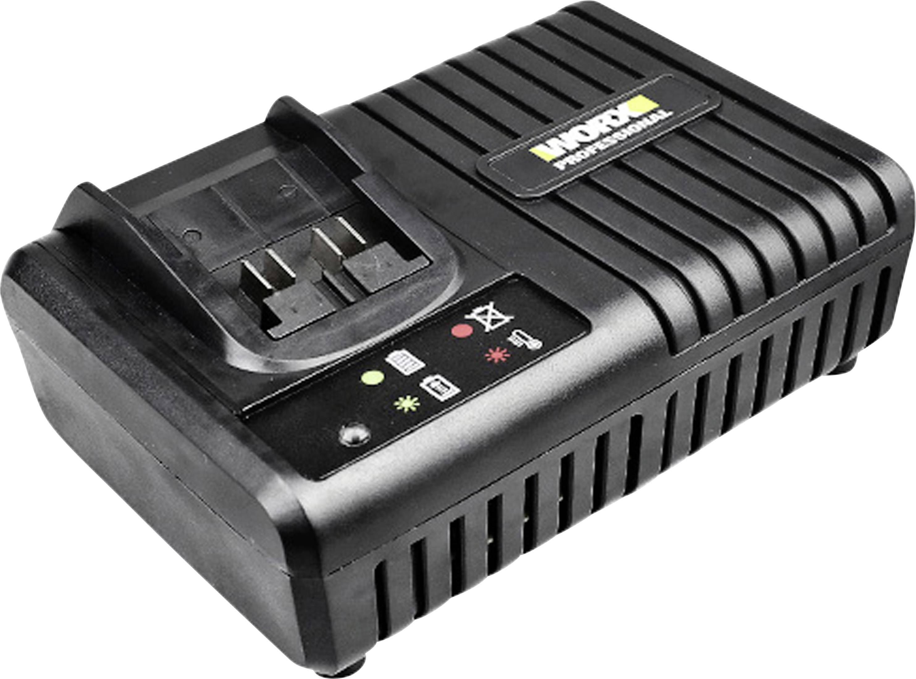 Black battery charger with status indicator lights and a dock for inserting a rechargeable battery pack.