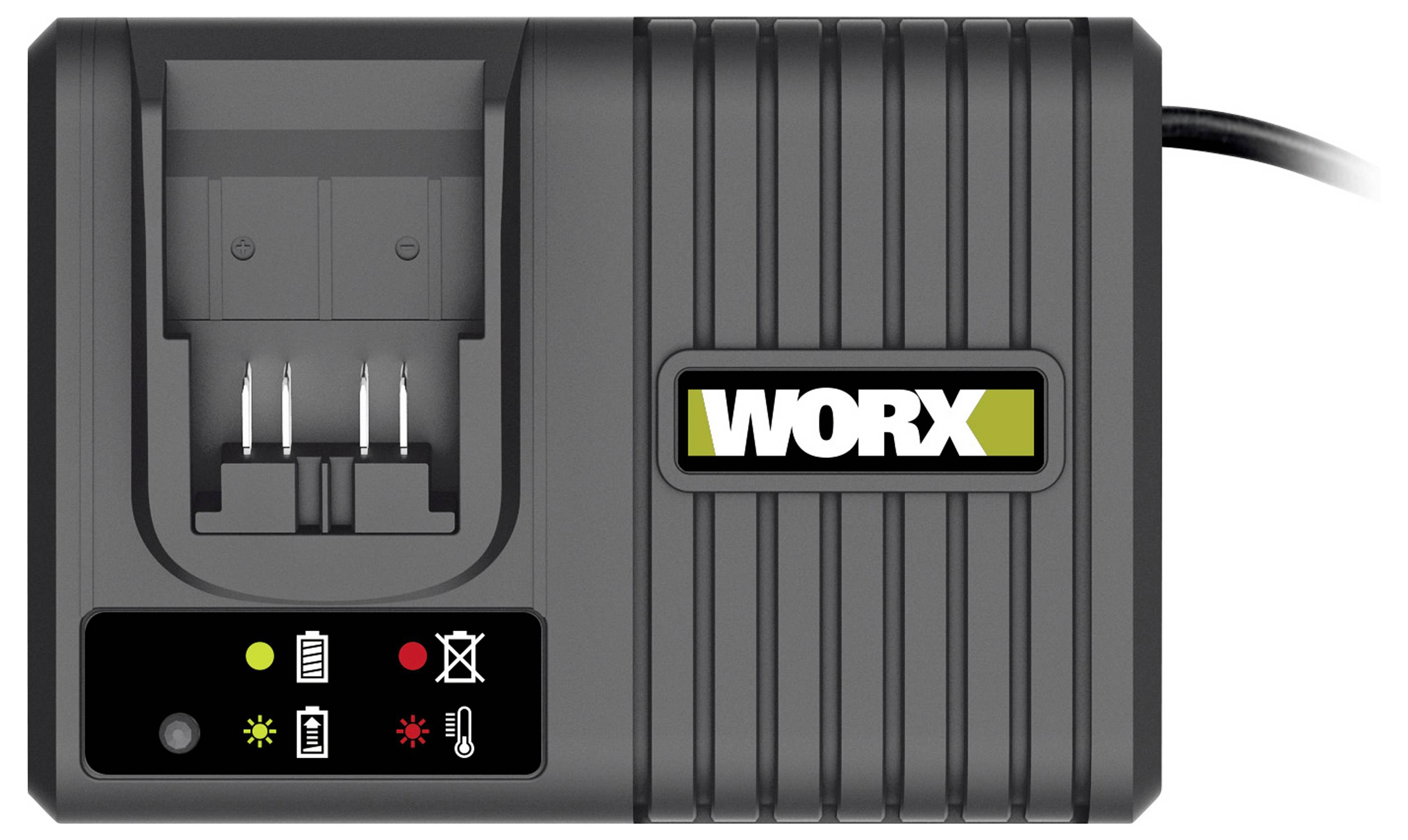WORX battery charger with status lights and battery/temperature indicators on the front panel<br>