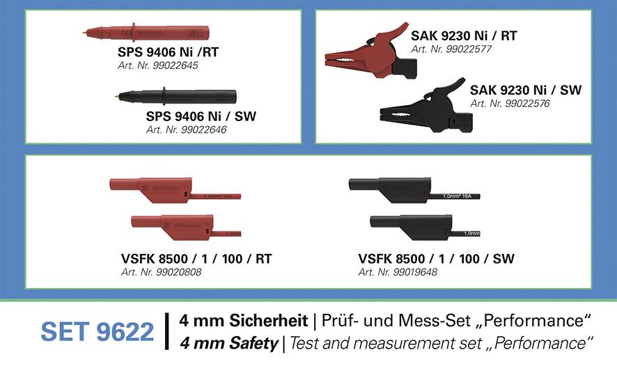 Product catalog image for SET 9622, a 4 mm safety test and measurement set 'Performance' showing four red and black probe/connector variants with model numbers and article numbers.