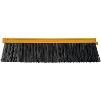 Black push broom head with orange plastic mount and long dark bristles, shown on a white background.