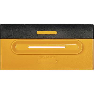 Orange and black Fiskars box cutter handle shown front view with a recessed silver blade slot and small orange release button.