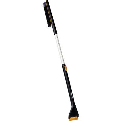 A long-handled telescoping snow brush with a black bristle head and orange scraper, shown on a white background.