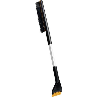 A black broom with orange accents and a white handle, shown upright on a plain background.<br>