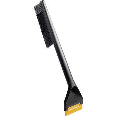 Black cleaning brush with angled bristles and an orange scraper-like edge on a white background.