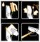 Four-panel instruction graphic showing how to clean and maintain hair clippers: brush away hair, apply oil, wipe with cloth, then run the clipper with a cleaning tool.