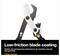 Fiskars pruning shears with text 'Low-friction blade coating' and a note that it resists rust for smoother cuts and less gumming.