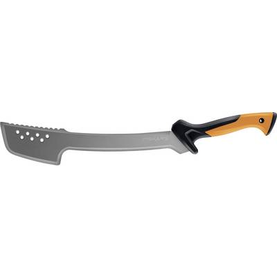 A curved kitchen knife with a gray blade and orange-and-black handle, shown on a white background.