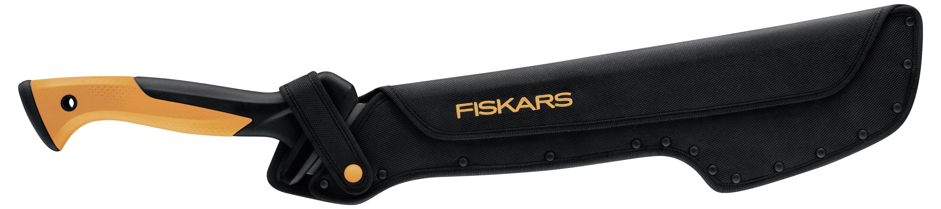 Black Fiskars knife in a black sheath with orange handle and accents, shown on a white background.