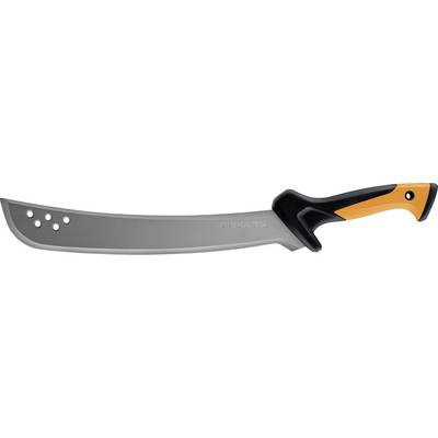 A curved machete with a silver blade and orange-and-black handle, shown side view on a white background.