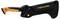Black Fiskars fixed-blade knife in a molded sheath with orange accents and orange handle grip end.