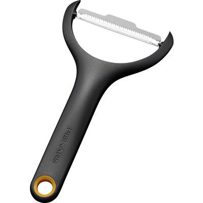 Black Y-shaped vegetable peeler with a serrated metal blade and hanging hole on a white background.