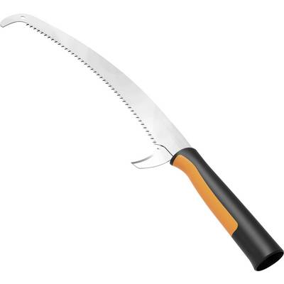Curved pruning saw with a black and orange handle on a white background.