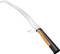 Curved pruning saw with a black and orange handle on a white background.