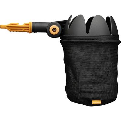Black mesh garden tool caddy with orange nozzle or hand tool attached, isolated on white background.