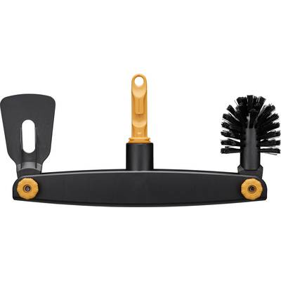 Black toilet tank lever assembly with two orange attachment knobs, angled black paddle on the left, orange handle in the center, and a black cleaning brush on the right.