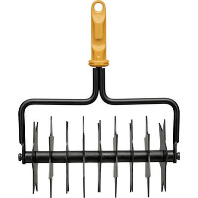 Black metal hand tool with an orange handle and a row of pointed tines, used for raking or gathering debris.